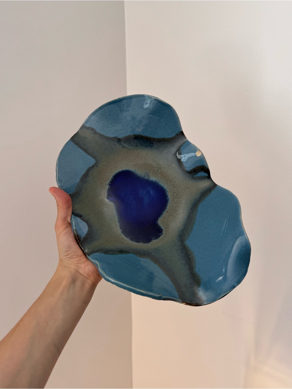 Vintage Handmade Ceramic Decorative Plate – Blue & Olive Glaze